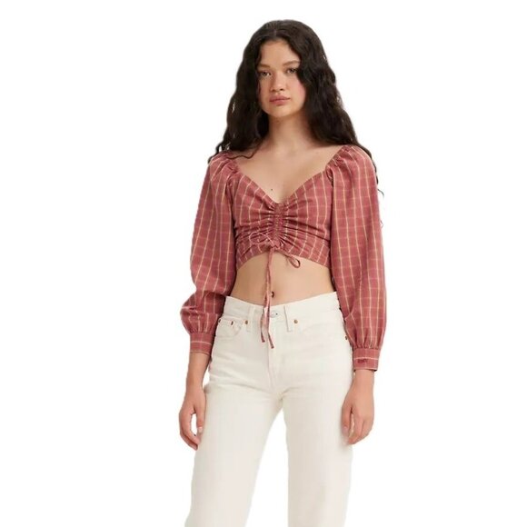 Levi's Devin Blouse Red Plaid Puff Long Sleeve Cinch Front Crop Top - Size Large - Picture 1 of 5